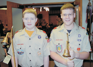 Serving as acolytes on Scout Sunday are (l-r) Karl McOmber Troop #44 and Matthew Long Troop #19.