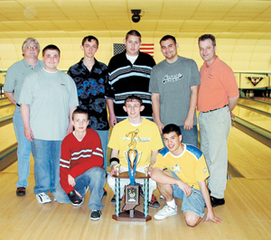 2003 Elmhurst Trojan Varsity Bowling Team. (kneeling l-r) Alex Dawson, Justin Harper, and Wilbert Rowland. (standing l-r) Coach Ron Hibbert, Keith Johnson, Steve Croghan, Cesar Guzman, Brian Byanskie, and Coach Jeff Dreyfus.