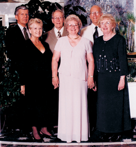 (l-r)  Roger & Norma J. (DeBolt) Ploughe of Markle, & Chandler, AZ; Married 1/1/53 Clyde & Janet (Cassell) Ploughe of Lafayette, IN; Married 4/5/53 Bill & Nancy (Beaman) Ploughe of Worthington, OH & Venice FL; Married 8/31/52