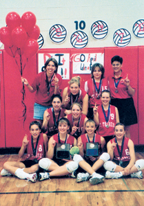St. Therese Girls Volleyball Team members: 1st Row: Danielle Landon, Andrea Allphin, Jessica Beck,  Kaitlin Hire 2nd Row: April White, Lindsay Shutt, Kristi O’Brian 3rd Row: Coach-Lauren Mathews, Melanie Huhn, Bridgette Cooper, Coach Lisa Palmer
