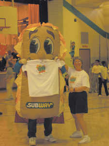 Ms. Darla Davis, Maplewood Elementary’s Jump Rope for Heart organizer, and the “Subway Man” gave away t-shirt’s to participants jumping rope on Friday, February 15, 2005. 
