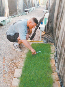 A picture for you of an Army soldier in Iraq with his tiny “plot” of grass in front of his tent. Here is a soldier stationed in Iraq, stationed in a big sand box. He asked his wife to send him dirt (U.S. soil), fertilizer and some grass seeds so he can have the sweet aroma and feel the grass grow beneath his feet. If you notice, he is even cutting the grass with a pair of a scissors. Sometimes we are in such a hurry that we don’t stop and think about the little things that we take for granted.  Join us on Memorial Day honoring those who serve.
