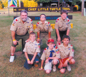 Attending camp this year from Troop 344 were: (top row l-r) Assistant Scoutmaster Andy Dukarski, John Dukarski, and Tim Steel.  (bottom Row l-r) Rob Dukarski, Rory Lewis and Joe Lewis.