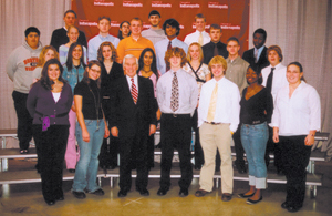 Pictured with Senator Lugar are: Zack Miller and Emily Terrell-Carroll HS, Abram Magner and James Pierce-Heritage HS, and Jesse Christman and Jennifer Kruse-Woodlan HS. Christine Moser and Heather Davidson-Elmhurst HS, Laura Ardington and Patrick Hackler-Canterbury School, Augusta Pryor and Jon Welling-Bishop Luers HS, Samy Younis and Melissa Richeson-Northrop HS, and Ben Crum and Vincent Edwards-Paul Harding HS. Bret Angel-Bishop Dwenger HS, Annita Tanksley-Wayne HS, Abby Christman-East Noble HS, and Larry Buchanan, Galen Harden, Hari Vasu, Mack O’Shaughnessy and Puja Parikh-Homestead HS.