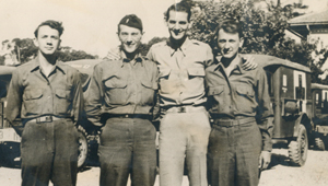All cousins in France during WWII--June 1945. (L-R) Jennings J. Waldron, Roy Brandan, Henry Brandan, and Donald W. Waldron.