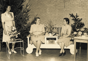 In 1943, Mrs. Clyde Barnes, chairman, Mrs. Wesley Goss and Mrs. Walter H. McBride, (left to right) were three of the first-prize winners in the Annual Flower Show sponsored by Elmhurst Garden Club. The event was held on a Sunday afternoon at Elmhurst High School. Mrs. Goss was winner of the sweepstakes ribbon with her arrangement of liatris. Mrs. Barnes and Mrs. McBride won first-prize ribbons in several classes.