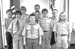 Photo by Kevin Shadle Pictured L to R: Nick Phelps, Wesley Earling, Garrett Tomlinson, Drew Collins, patrol advisor Walter Pressler Jr., Isaac Magsam, A. J. Drummond, Dylan Haack, and Marshall Long.