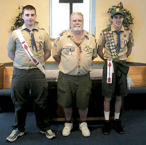 (L-R)  Raymond McCune III, former Scoutmaster Andy Dukarski, and Rory Lewis