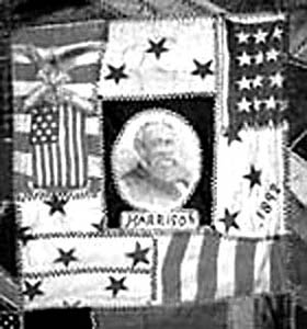This quilt honors President Benjamin Harrison. Note the five pointed stars indicative of star fabric manufactured at or soon after the 1876 American Centennial. A Harrison Rose quilt made by Mrs. Susan Nokes McCord of McCordsville, Hancock County, Indiana, circa 1860.