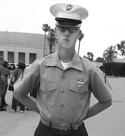 PFC Robert Eubank, newly graduated from the Marine Corps basic training in his seasonal service uniform.