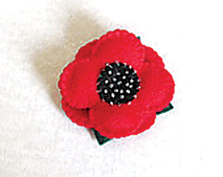 A red felt and beaded brooch made by Canadian Evelyne is worn as a reminder of those lost in war.