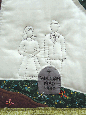 Alphonse and Virginia Sorg are depicted on Carole Sorg’s 1837 Sorg Historical Quilt mourning at the grave of their day-old son William.