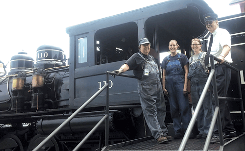 Crew members Charlie Clark,Brakeman. Heather Kaiser, Fireman. Amanda Bloom, Engineer. Dave Newton, Conductor on the Little River Steam Locomotive 110