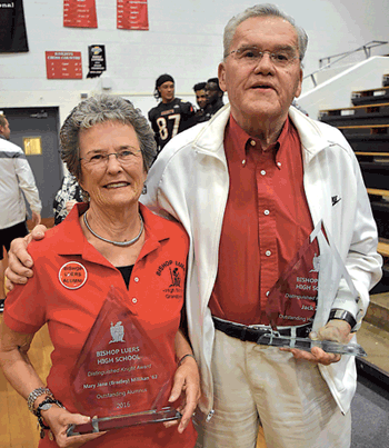 Mary Jane Millikan, left, and Jack Zern, right, were the recipients of the Bishop Luers High School Distinguished Knight Awards.